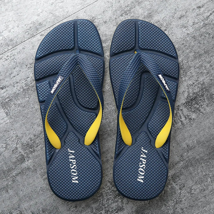 Men's ultimate comfort massage flip flops. Black, non-slip sole for foot relief & relaxation. Perfect casual wear.