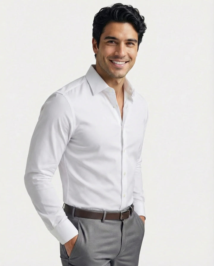 Men's Ultimate Performance Dress Shirt in classic white, offering comfort and sharp professional style.