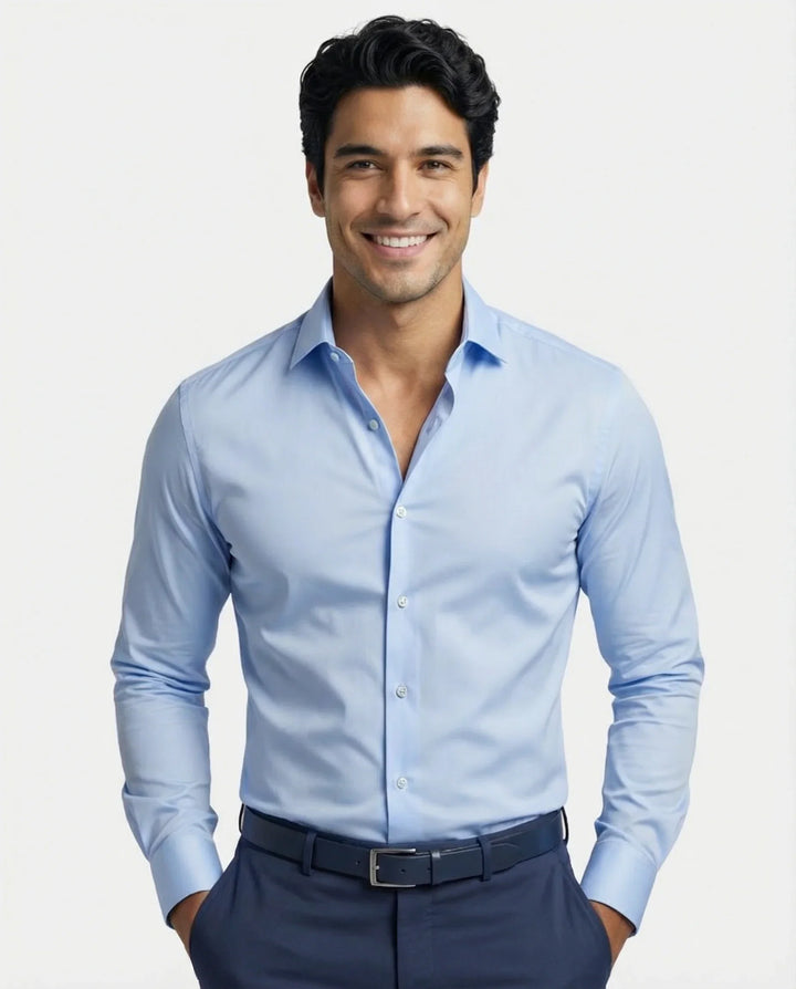 Ultimate comfort men's dress shirt, featuring a breathable stretch fabric for day-long wear in the office.