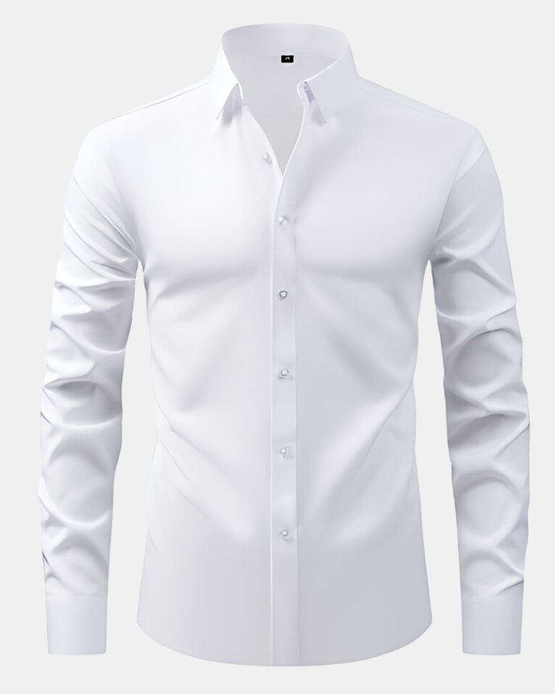 Wrinkle-resistant men's performance dress shirt, maintaining a sharp, professional look all day.