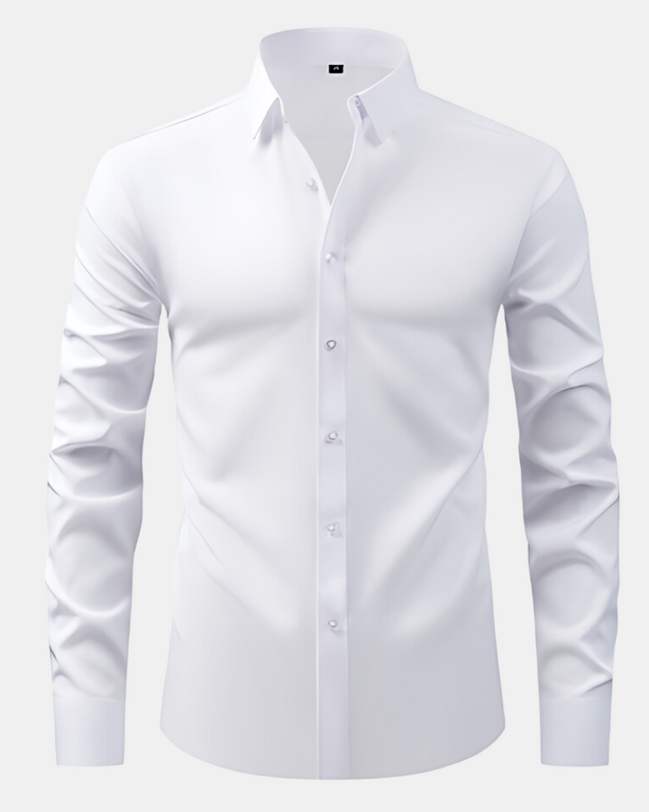 Wrinkle-resistant men's performance dress shirt, maintaining a sharp, professional look all day.