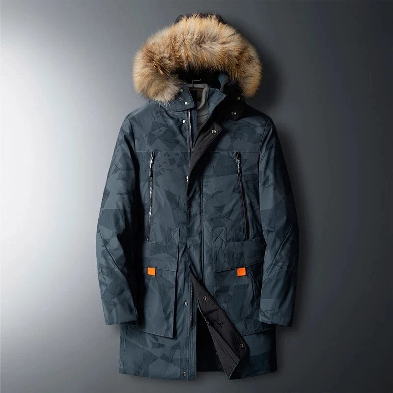 Stylish men's winter parka, heavy-duty & warm for extreme cold. Insulated outerwear, essential outdoor gear.