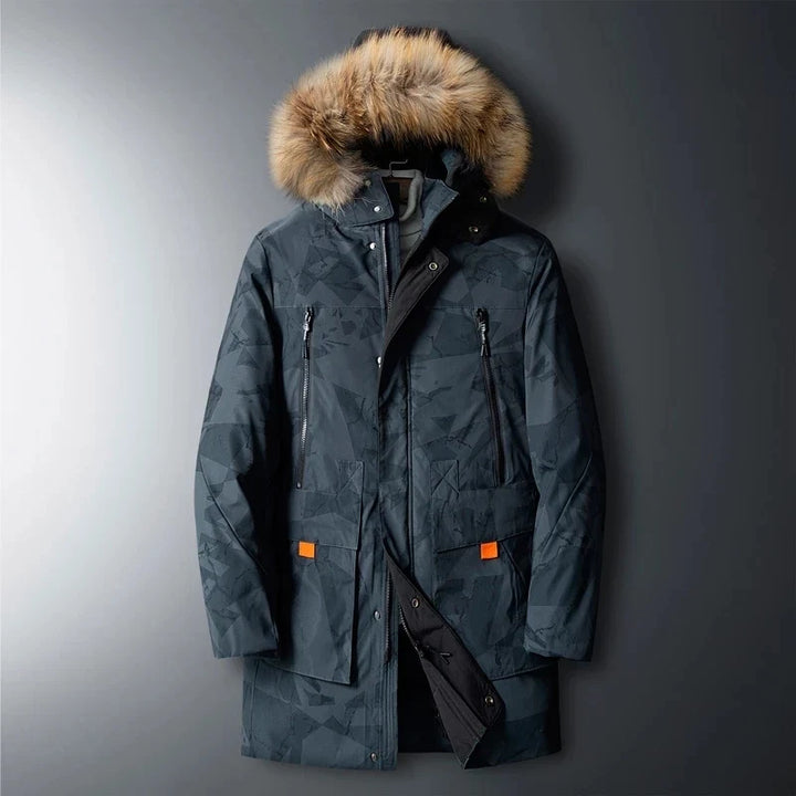Stylish men's winter parka, heavy-duty & warm for extreme cold. Insulated outerwear, essential outdoor gear.