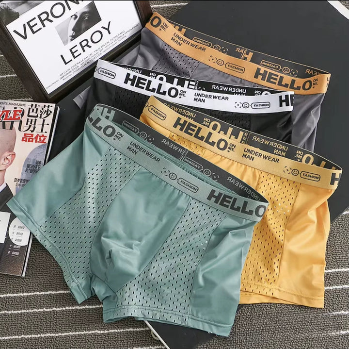 Comfortable stretch waistband on men's ultra-breathable mesh boxer briefs for secure fit & comfort.