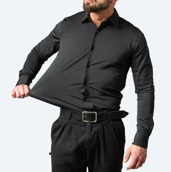 Comfortable men's stretch dress shirt, ideal for business casual & office wear. Long sleeve, versatile.
