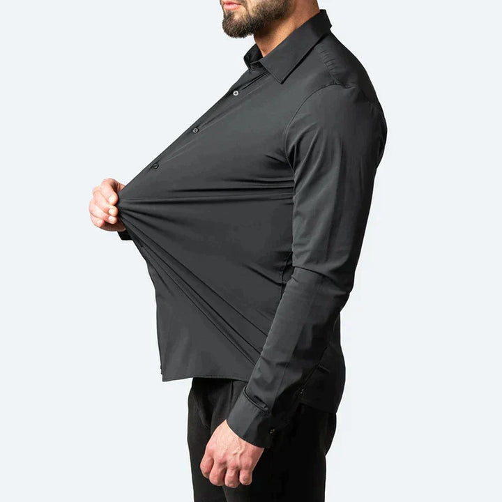 Modern fit men's stretch shirt, designed for all-day comfort & everyday style. Long sleeve dress shirt.