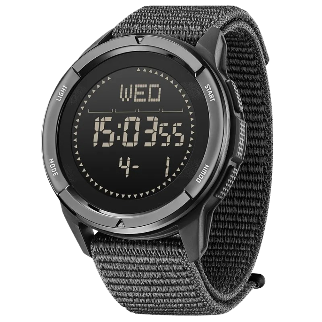 Lightweight men's digital adventure watch with carbon fiber case, waterproof for sports and outdoor gear.