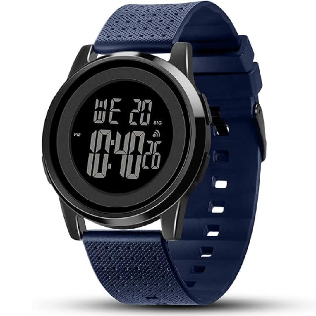 Clear LED display on a men's ultra-slim digital sports watch. Easy to read during any activity.