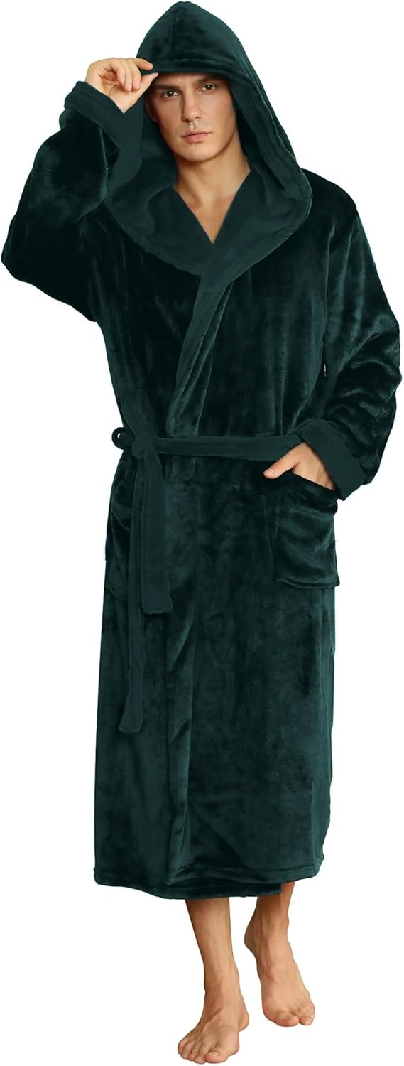 Men's ultra-soft fleece hooded bathrobe, perfect for winter warmth and comfort.