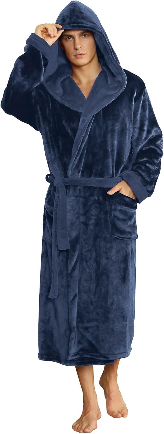 Soft light grey men's hooded loungewear robe, ideal for relaxing at home.