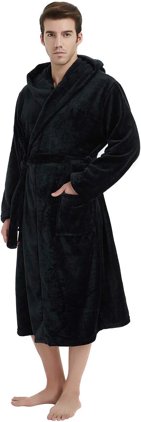 Luxurious navy men's ultra-soft hooded fleece bathrobe, a true comfort item.