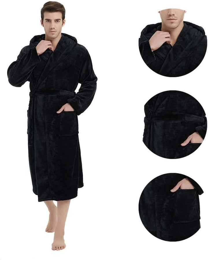 Comfortable charcoal men's hooded fleece bathrobe, for supreme coziness.