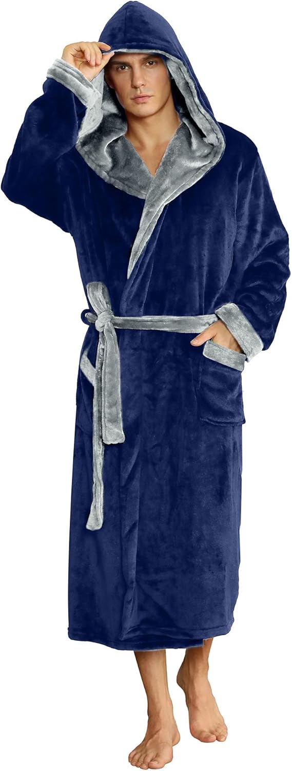 Soft royal blue men's hooded bathrobe, ultra-soft fleece for pure comfort.
