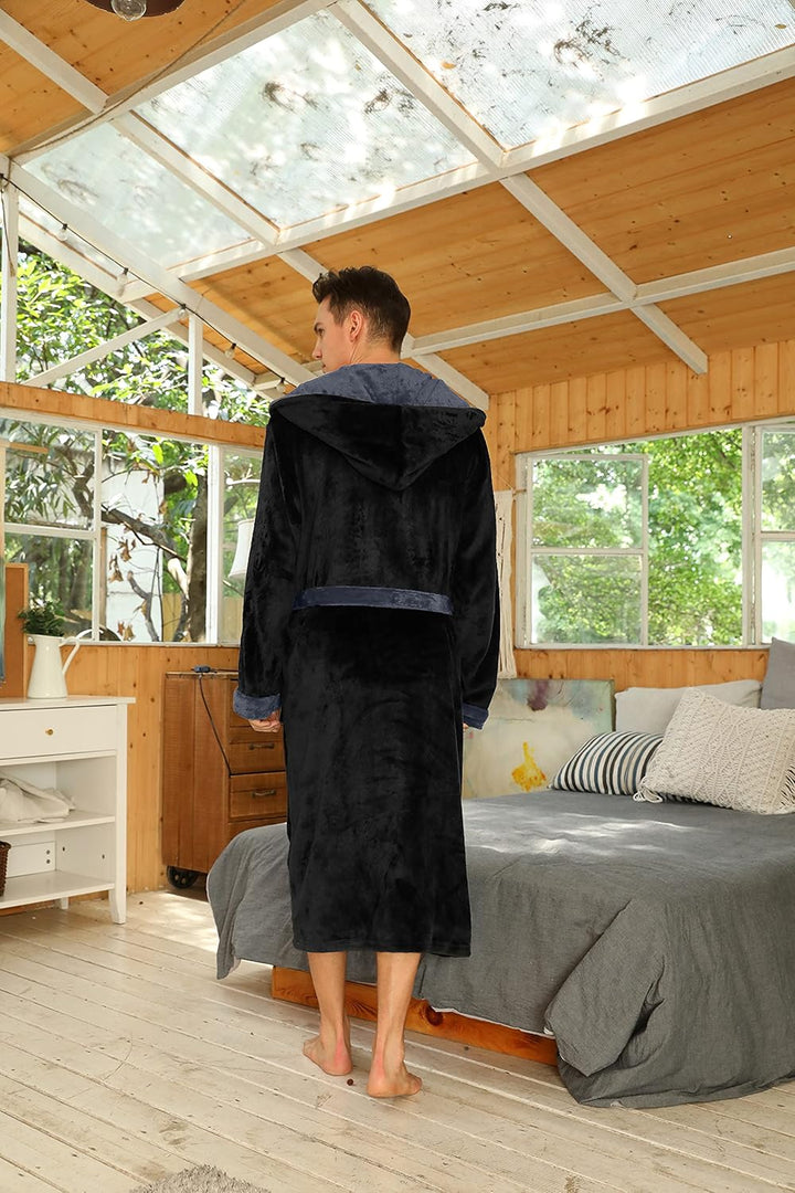 Men's charcoal fleece hooded robe, super soft and comfortable for daily wear.