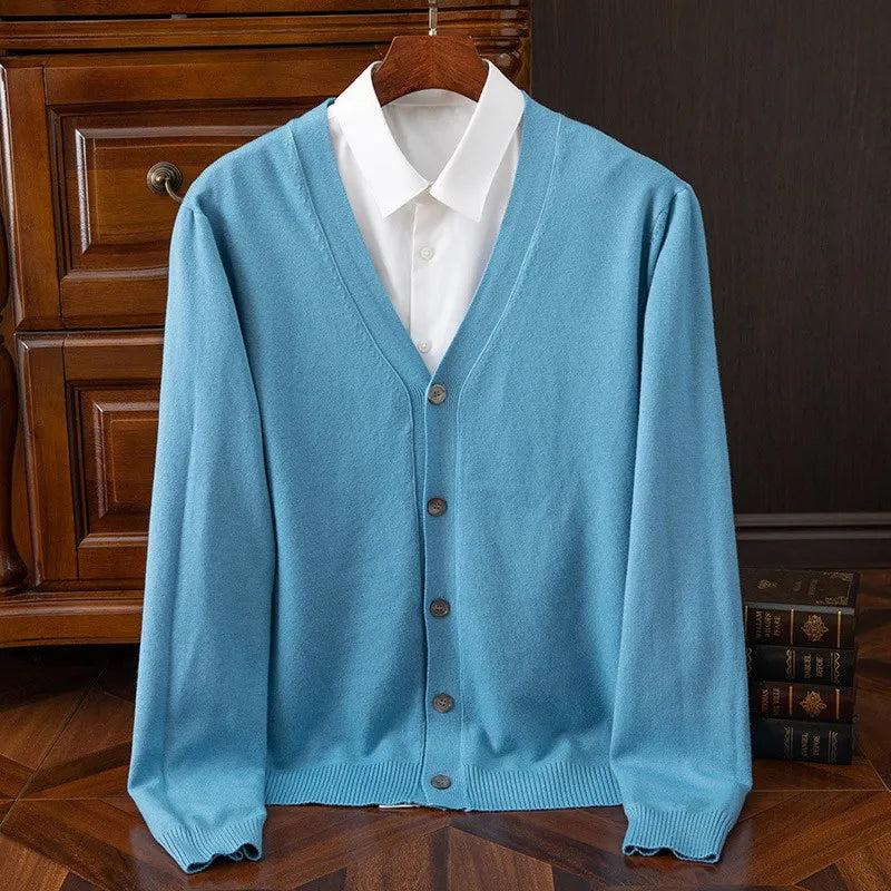 Stylish men's long-sleeve knitwear cardigan. Soft button-up sweater for comfortable everyday style and layering.