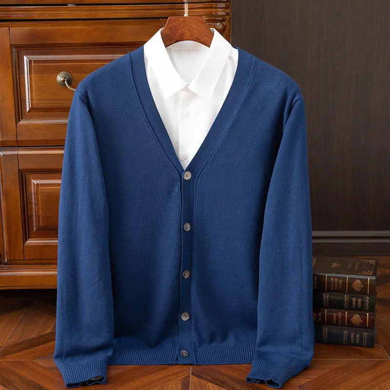 Comfortable men's button-front knit cardigan. Ultra-soft long-sleeve sweater, ideal for casual wear and layering.