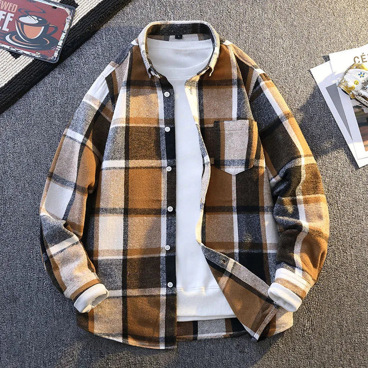Men's ultra-soft plaid button-down shirt for fall casual wear.