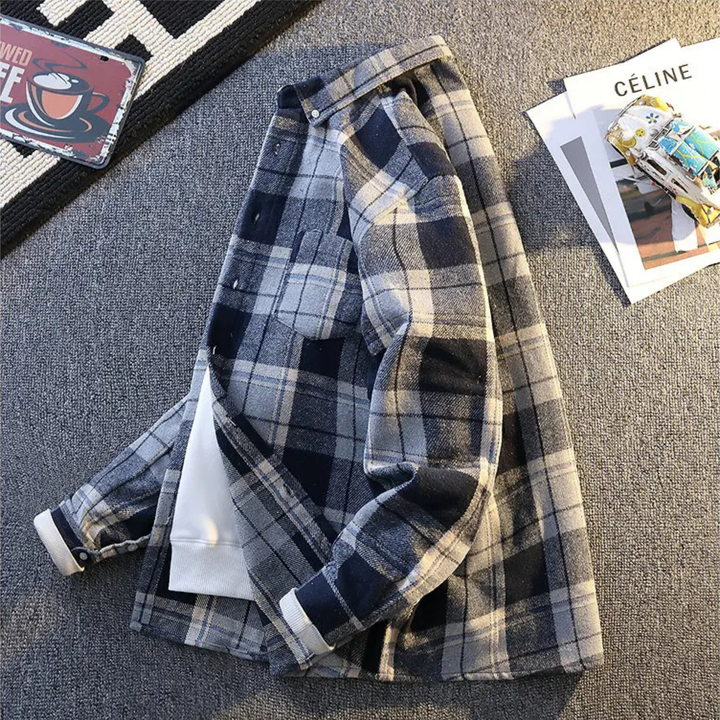 Men's plaid button-down shirt, modern fit, showcasing texture for versatile styling.