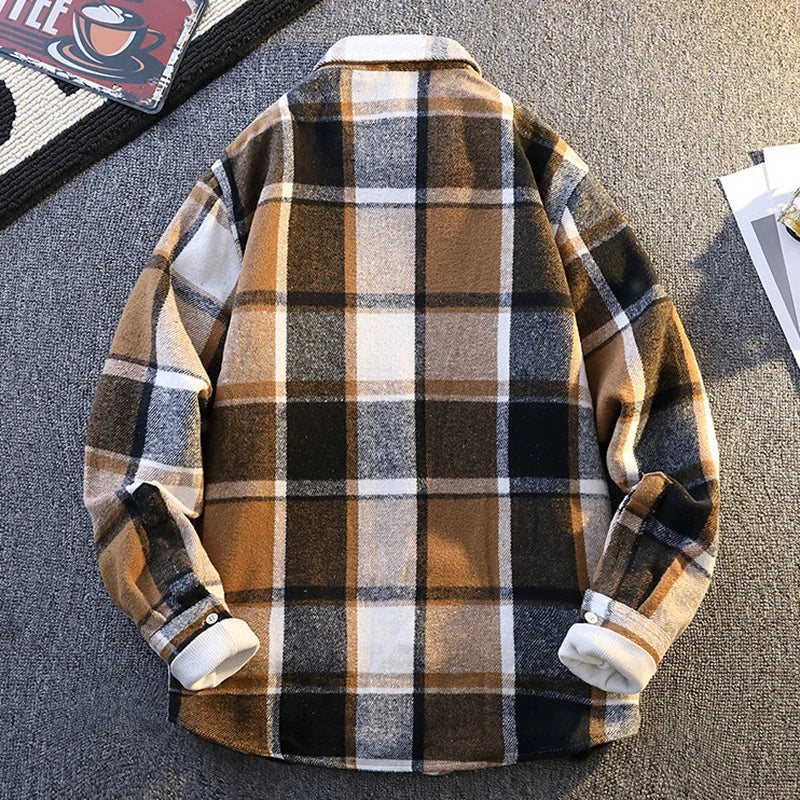 Modern fit men's long-sleeve plaid button-down shirt, ideal for winter layering.