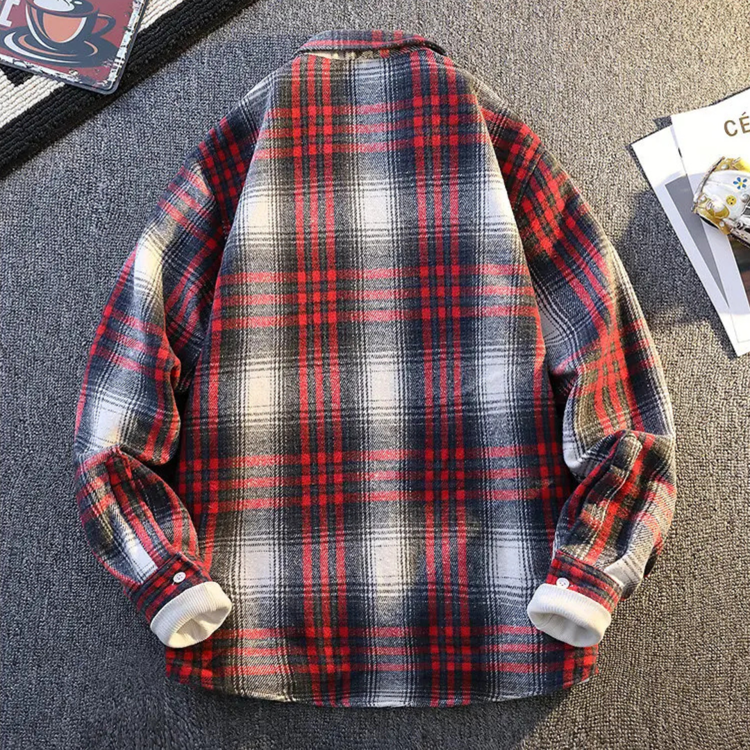 Front view: Men's plaid button-down shirt, modern fit, ready for casual outings.