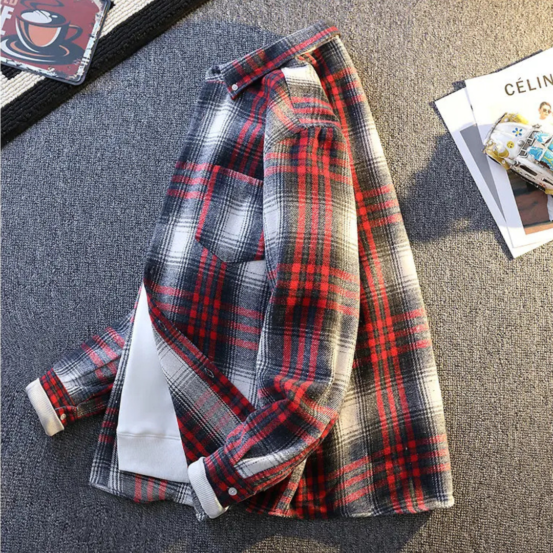 Men's long-sleeve plaid button-down shirt, cozy and warm for winter style.
