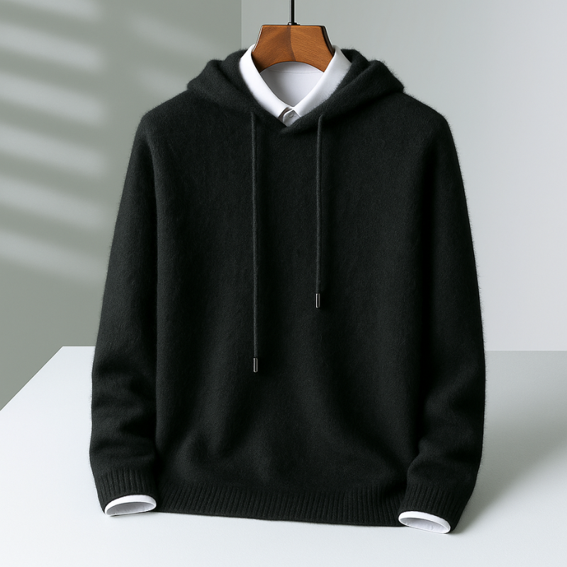 Black men's ultra-soft pullover hoodie. Tailored for comfort, perfect casual everyday loungewear.