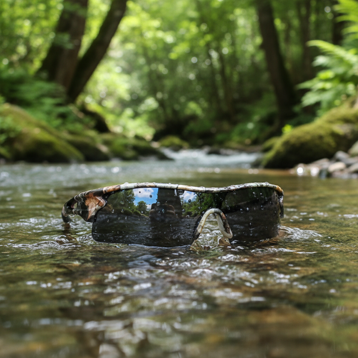 Mirrored lenses on men's sport sunglasses, lightweight for activewear, offering UV & glare protection.