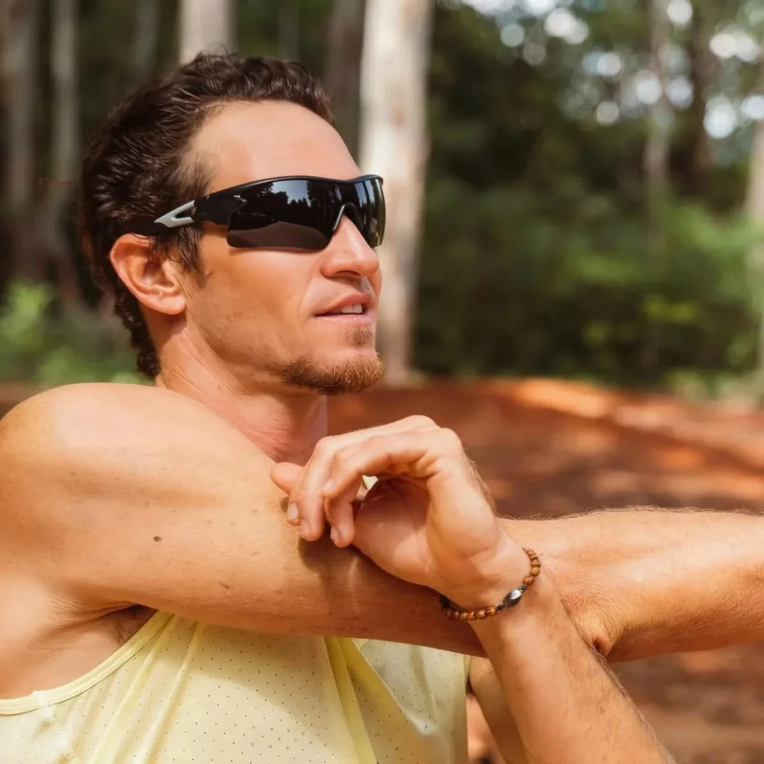 Sporty men's sunglasses, providing essential UV protection and effective glare reduction for athletes.