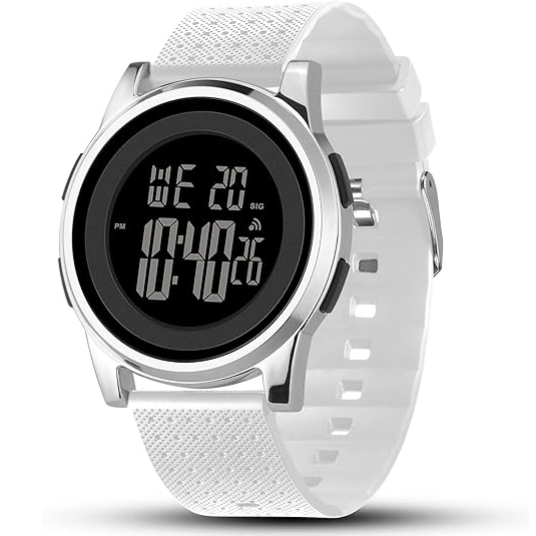 Men's ultra-thin waterproof digital sports watch with black strap, showcasing LED display time.