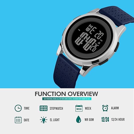 Stainless steel back of a men's waterproof digital watch, ensuring durability and water resistance.