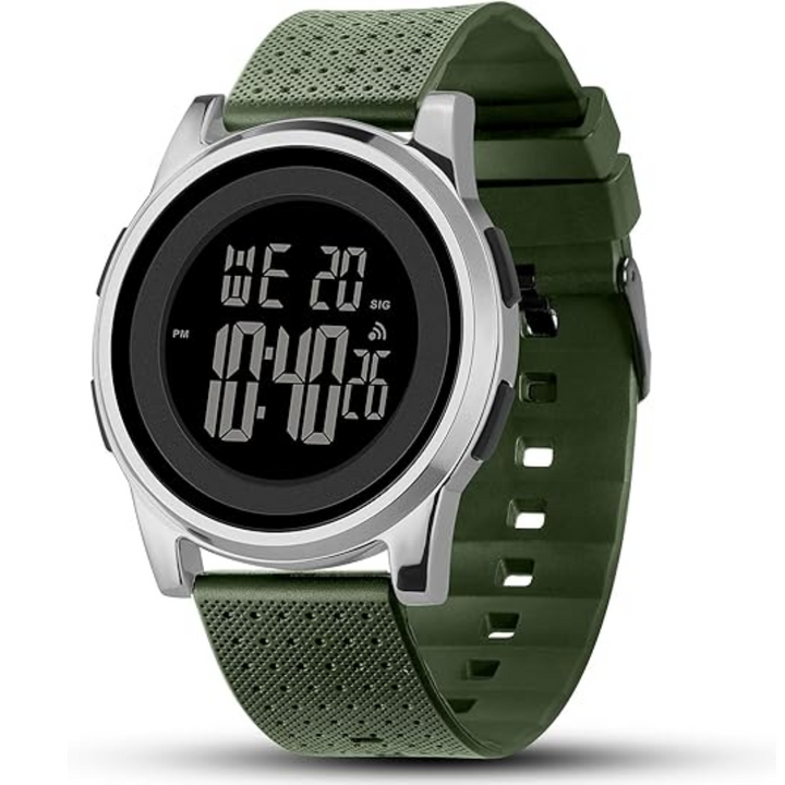 Close-up of men's slim digital sports watch, highlighting stainless steel case and chronograph features.