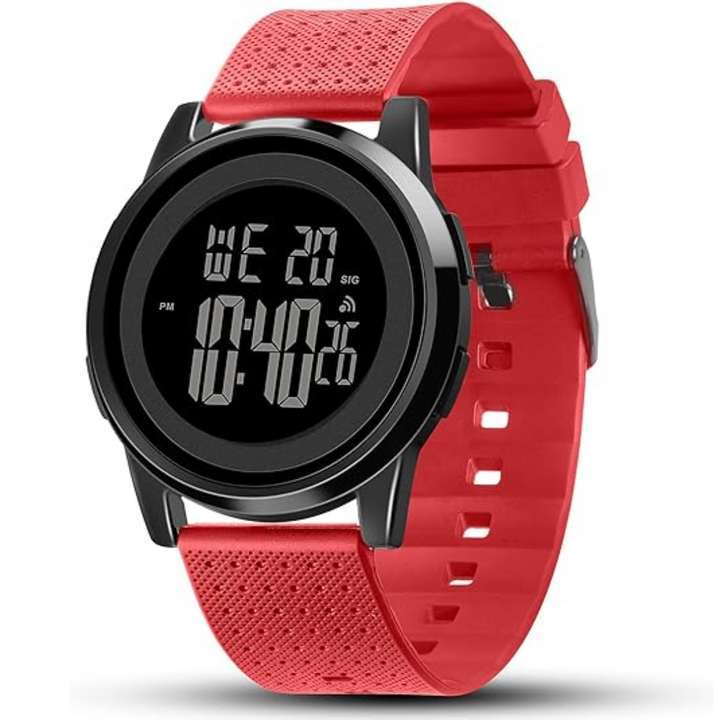 Waterproof men's digital watch on a wrist, perfect for an active lifestyle, with clear LED display.