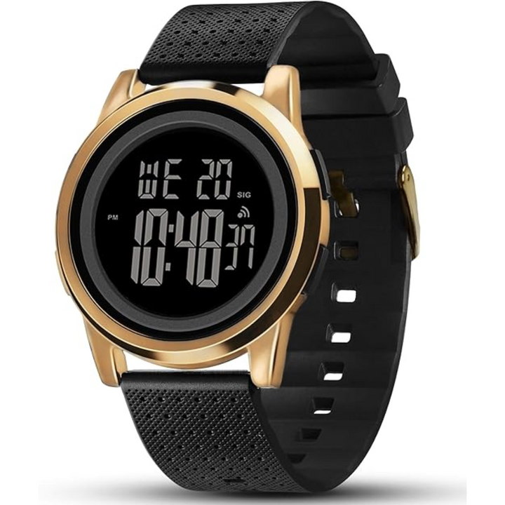 Action shot of men's digital sports watch during a run, proving its waterproof and active capabilities.