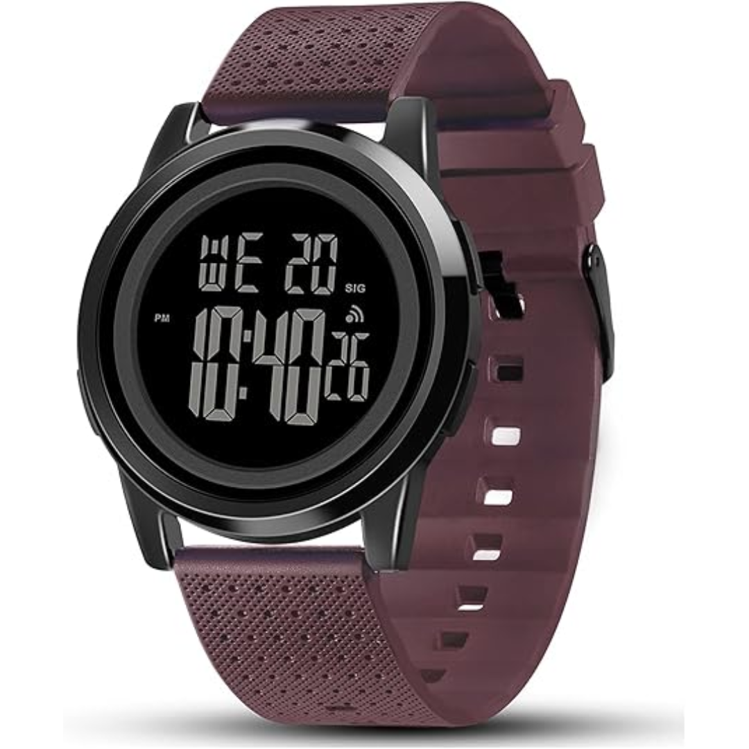 Men's slim digital watch, ideal for an active lifestyle, featuring a comfortable band and clear display.