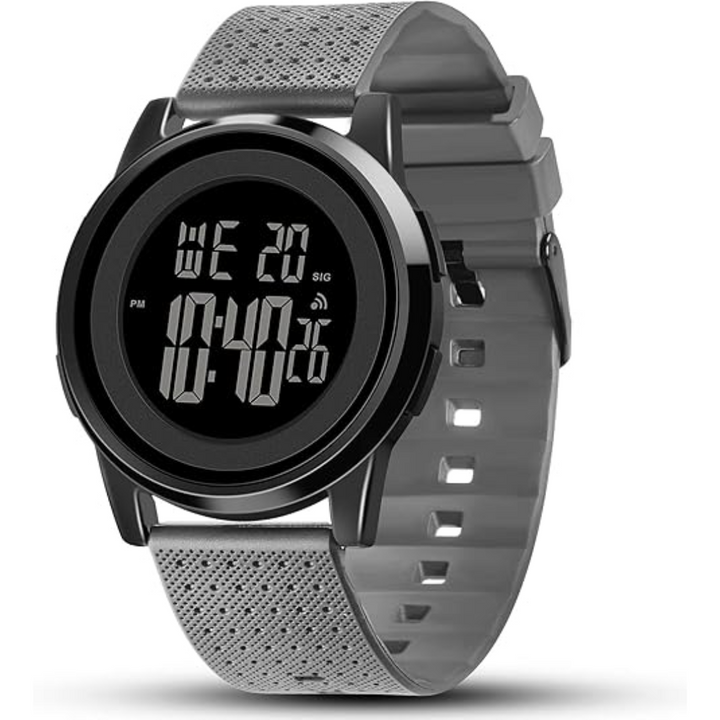 Detailed view of the LED display on a men's waterproof digital sports watch, showing the time and date.