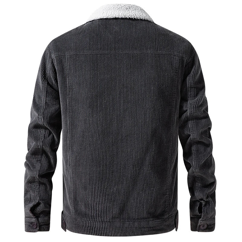 Man wearing a cozy ultra-warm fleece jacket. Stylish collared design for winter casual fashion & comfort.