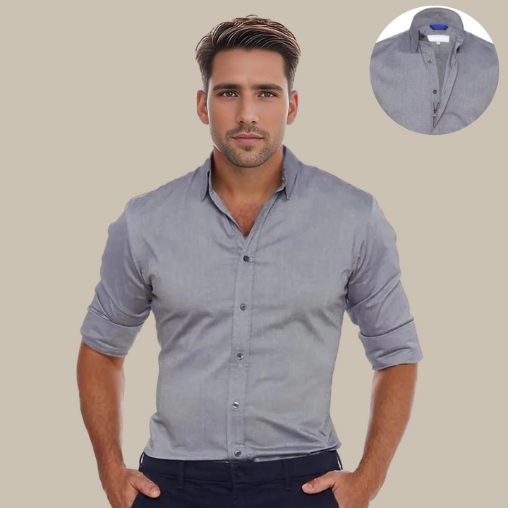 Comfortable Men's UltraFlex long-sleeve shirt, featuring easy-care, wrinkle-free fabric & a modern zip closure.
