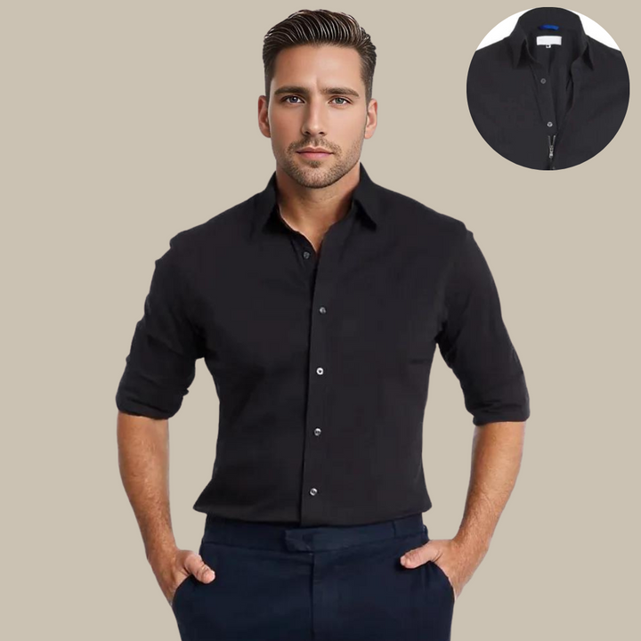 Stylish Men's UltraFlex long-sleeve zip shirt, wrinkle-free & professional, ideal for office or formal events.