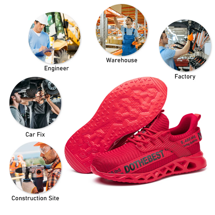 Lightweight men's industrial safety footwear with steel toe protection and non-slip grip for jobs.