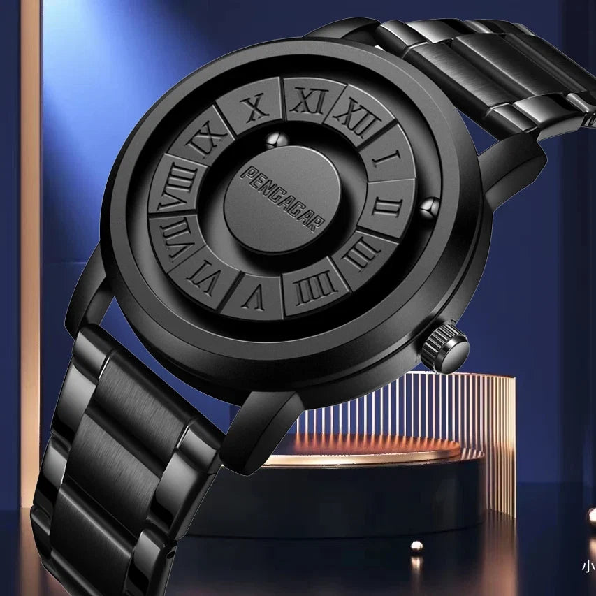 Stylish men's geomagnetic rotating dial watch, featuring a durable stainless steel case and a comfortable leather band.