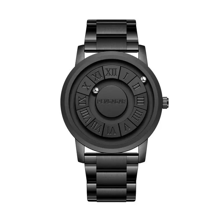 Water-resistant men's geomagnetic watch with a unique rotating dial, combining durability with a modern timepiece.