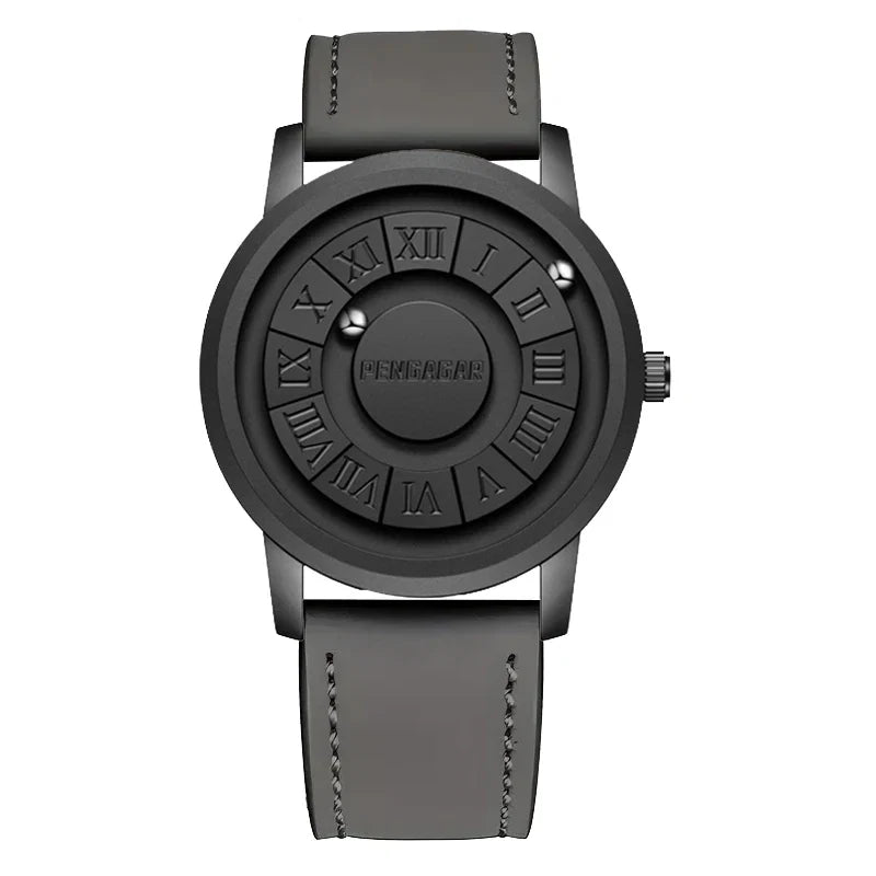 Detailed view of the men's unique geomagnetic rotating dial watch, showcasing its intricate design and quality craftsmanship.
