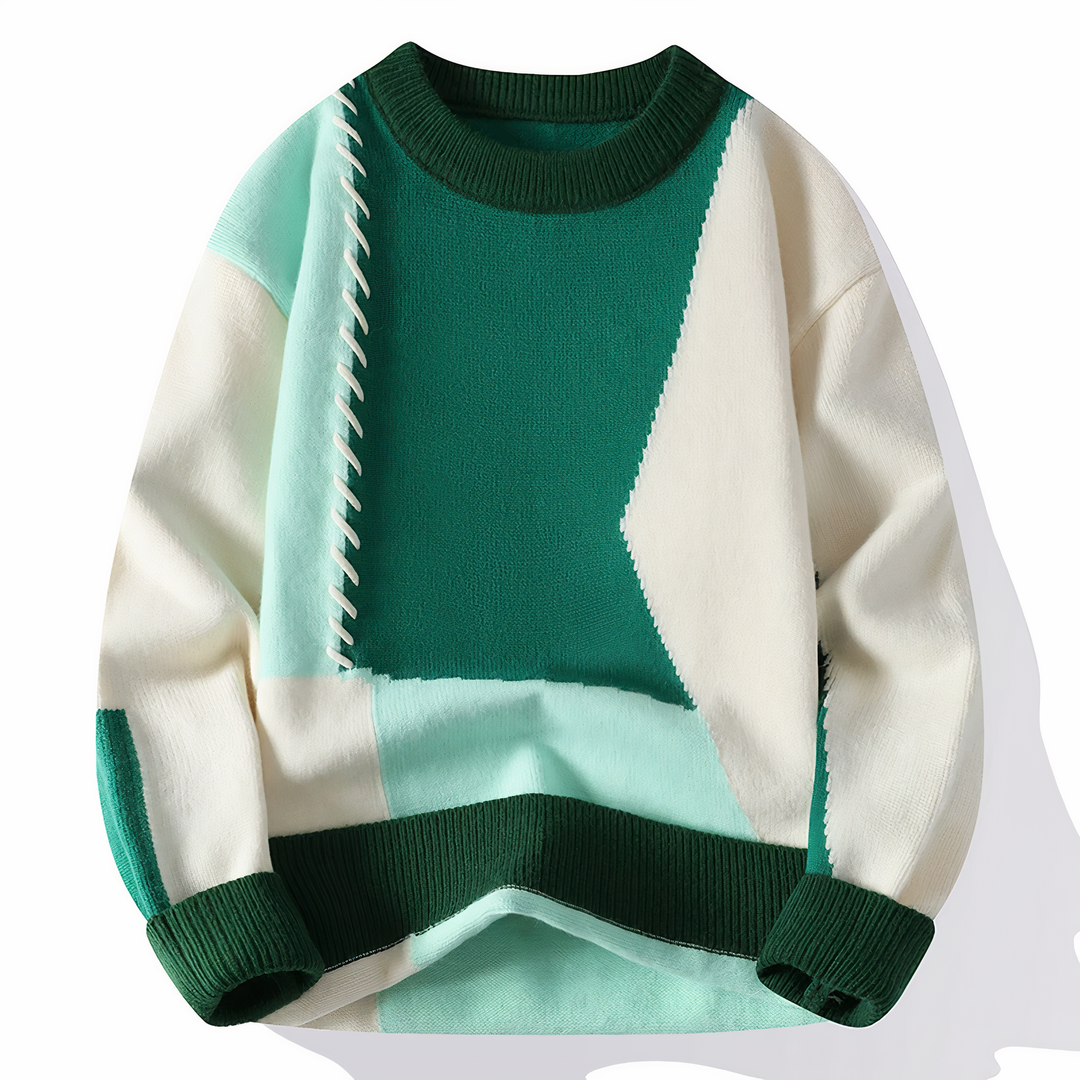 Men's unique patchwork Jasper sweater, a stylish casual jumper for comfortable winterwear.