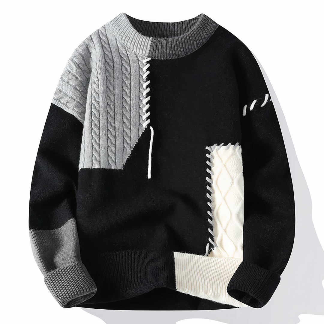 Unique men's patchwork Jasper sweater, a distinctive and stylish menswear jumper.