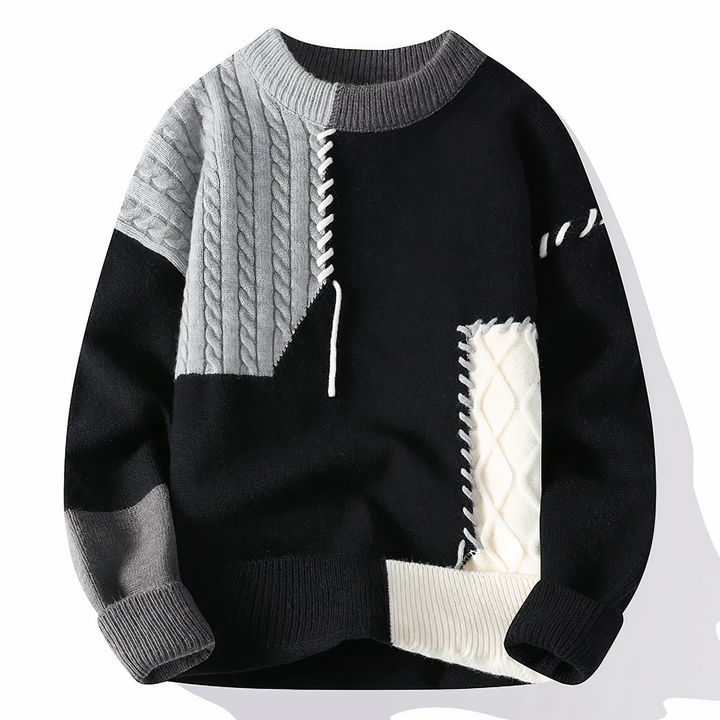 Unique men's patchwork Jasper sweater, a distinctive and stylish menswear jumper.