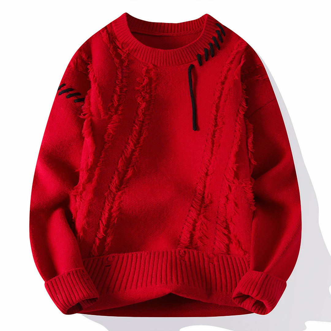 Men's stylish patchwork Jasper sweater, a unique casual jumper for contemporary menswear fashion.