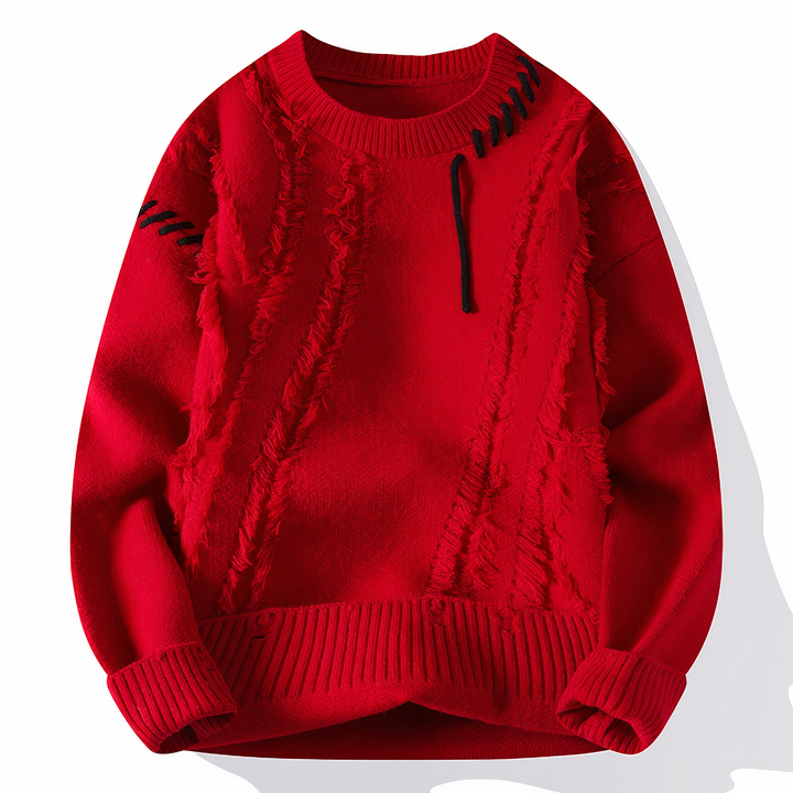 Men's stylish patchwork Jasper sweater, a unique casual jumper for contemporary menswear fashion.