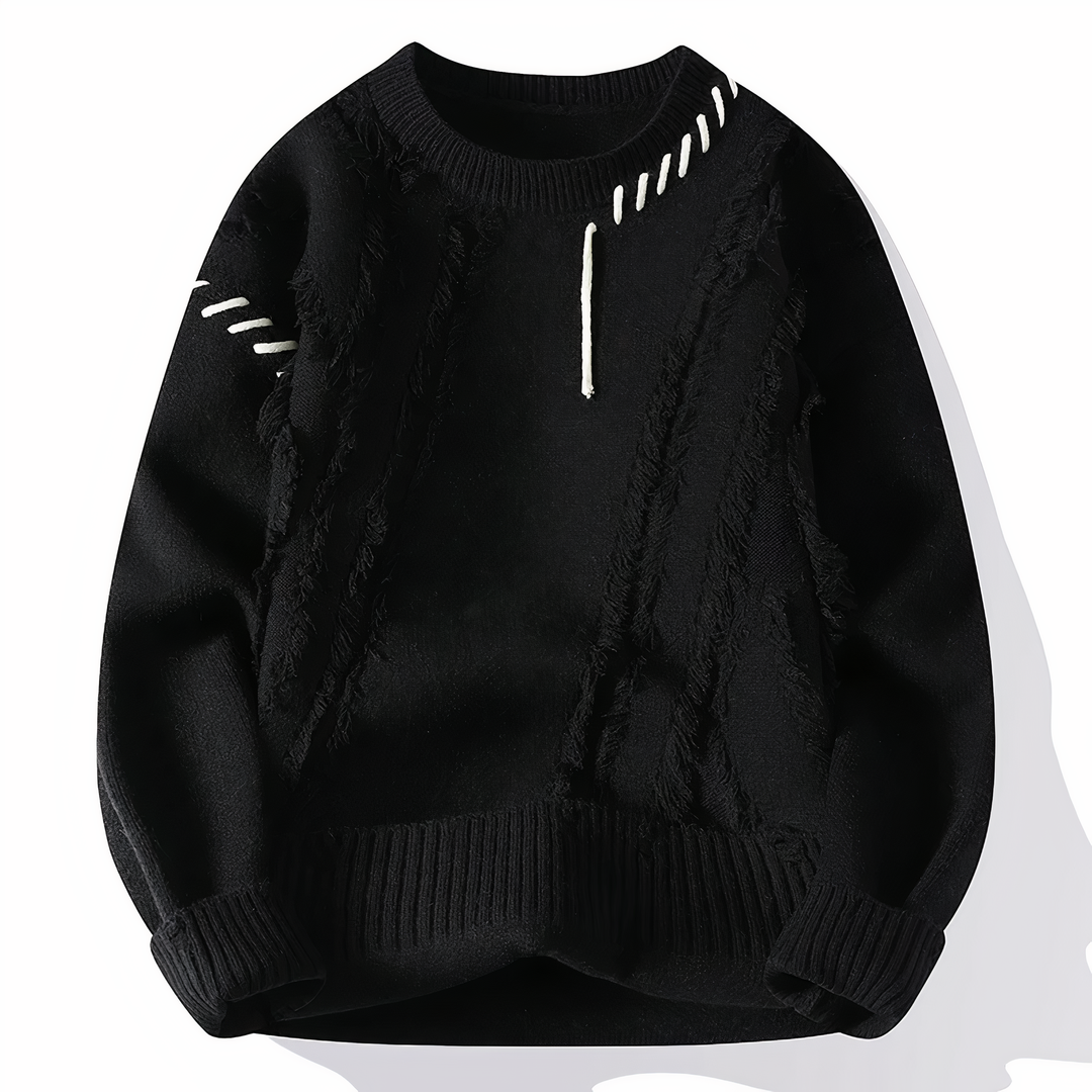 Comfortable & unique men's patchwork Jasper sweater, a stylish casual winter fashion jumper.