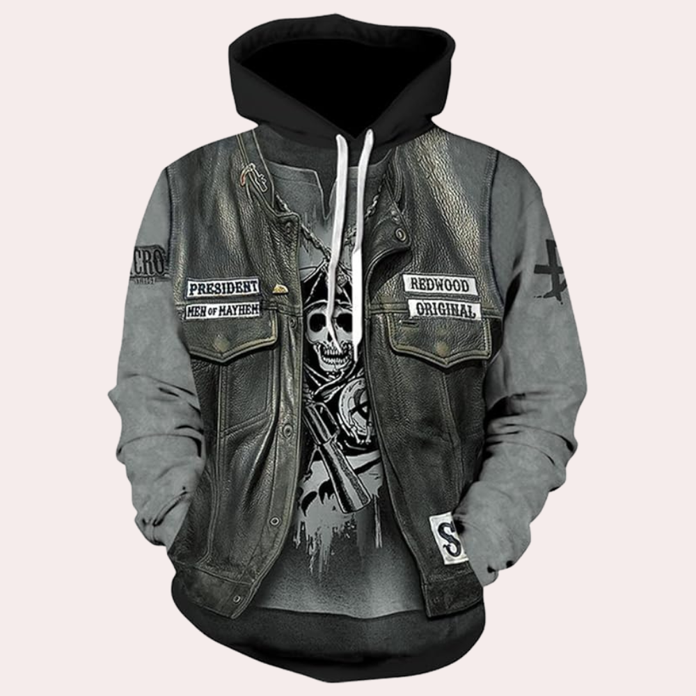Men's unique print casual hoodie, relaxed fit, stylish gray pullover for comfortable everyday wear.