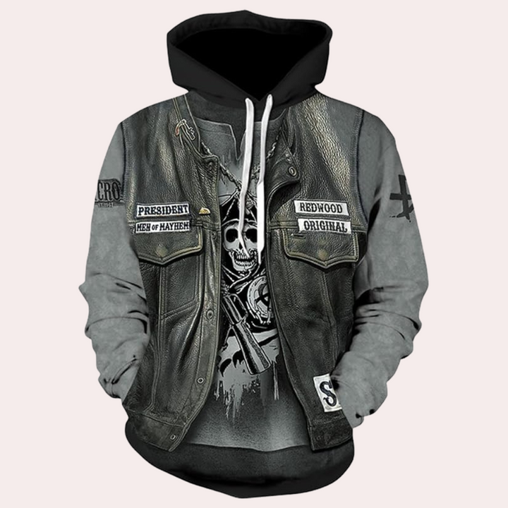 Men's unique print casual hoodie, relaxed fit, stylish gray pullover for comfortable everyday wear.